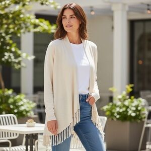 BLUE SAKS FIFTH AVENUE FRINGED‎ OPEN FRONT CARDIGAN